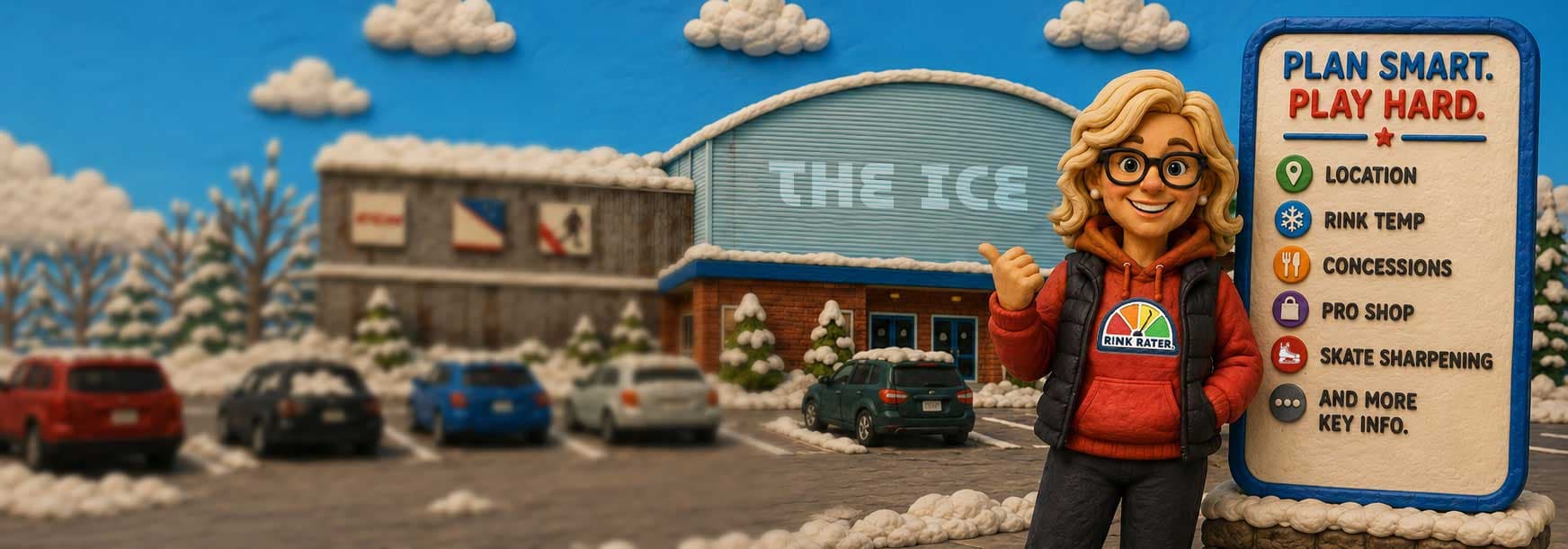 TJ's Mom, Rink Rater's hockey mom, gives a thumbs-up outside a snowy ice rink next to a sign listing location, rink temp, concessions, pro shop and skate sharpening.