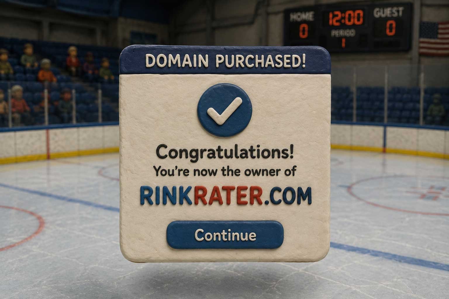 Domain purchase confirmation screen for RinkRater.com, shown on an ice rink.