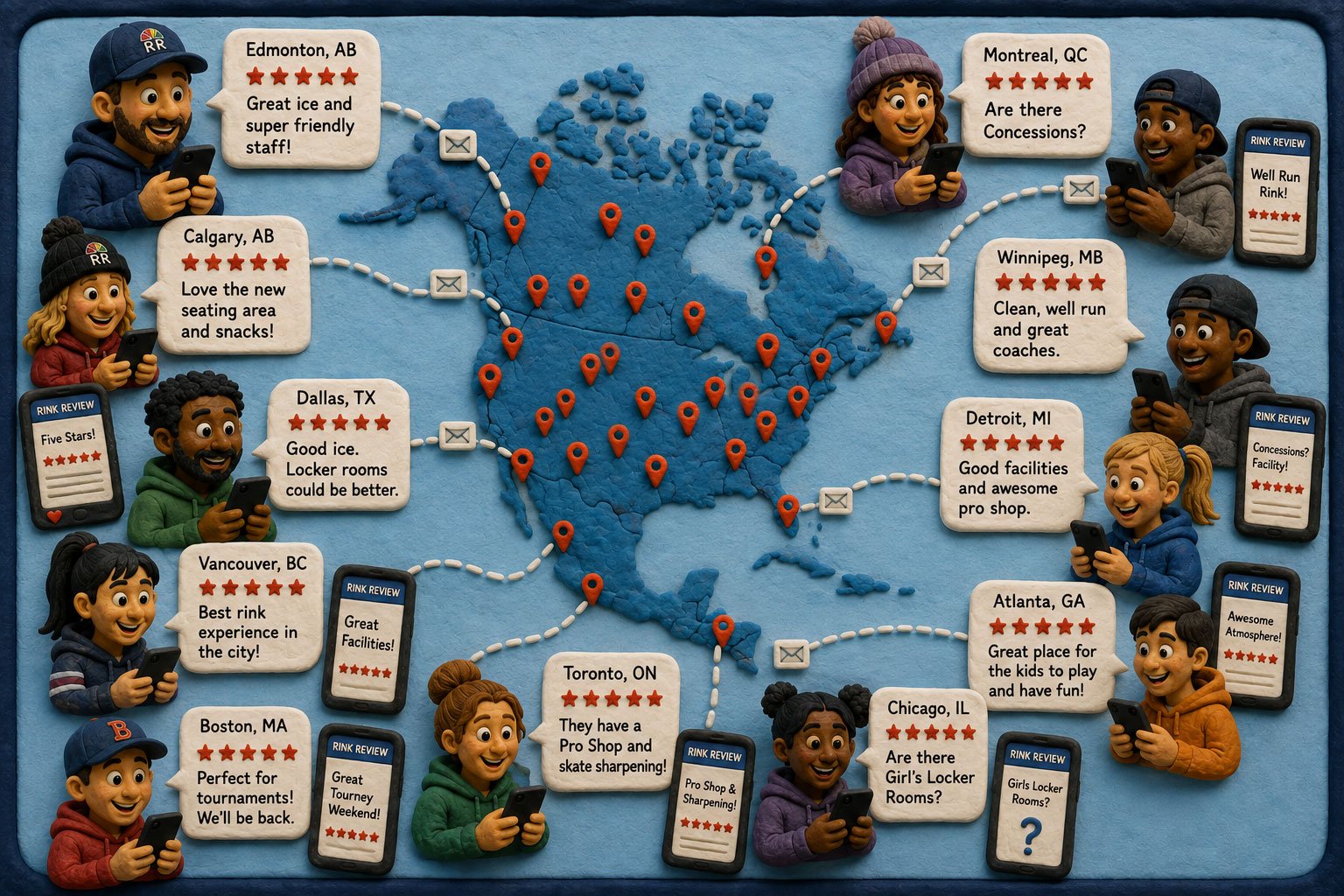 Illustrated map of North America showing hockey parents leaving rink reviews from cities across the continent.