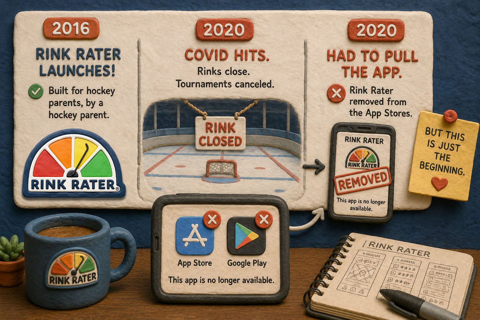 Timeline graphic: 2016 Rink Rater launches, 2020 COVID hits and rinks close, 2020 the app is pulled from app stores — but this is just the beginning.